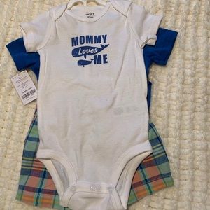 3 piece baby one piece with shirt and shorts.